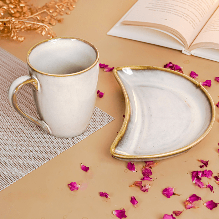 Ivory Ceramic Mug and Crescent Plate Set - The Golden Theory Main image