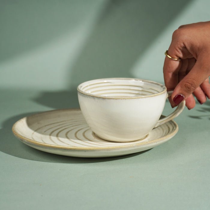 Ivory Spiral Ceramic Cup and Saucer Set - The Golden Theory