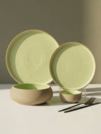 Light Green & Rust Ceramic Dinner Set of 14 - The Golden Theory