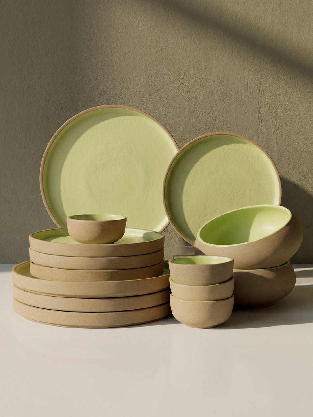 Light Green & Rust Ceramic Dinner Set of 14 - The Golden Theory Main image