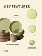 Light Green & Rust Ceramic Dinner Set of 14 - The Golden Theory