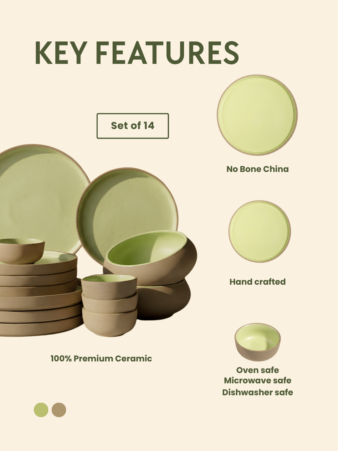 Light Green & Rust Ceramic Dinner Set of 14 - The Golden Theory