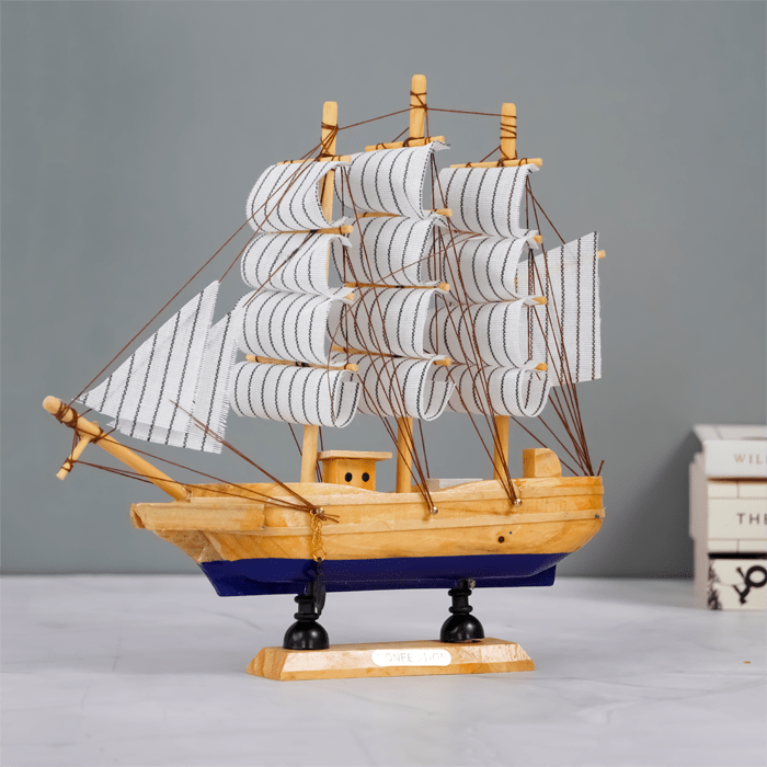 Light Wood and Blue Model Ship Sculpture - The Golden Theory