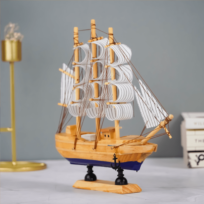 Light Wood and Blue Model Ship Sculpture - The Golden Theory