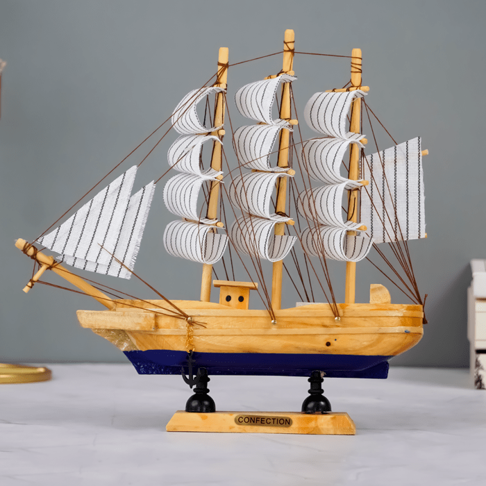 Light Wood and Blue Model Ship Sculpture - The Golden Theory