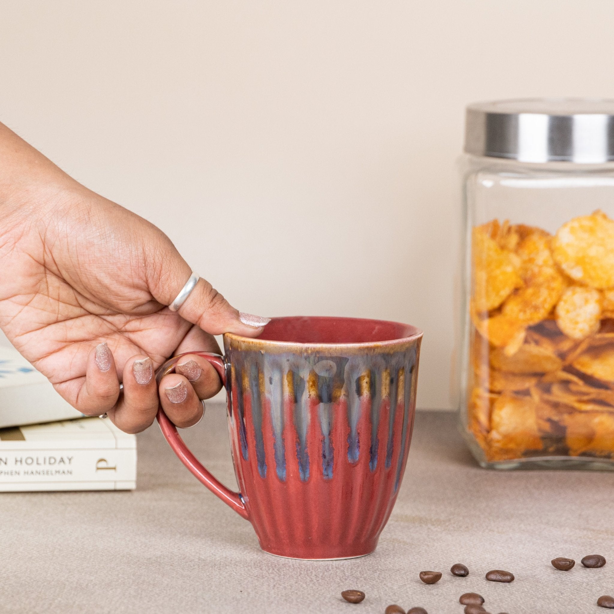 Maroon Ceramic Coffee Mug with Drops Design Secondary image