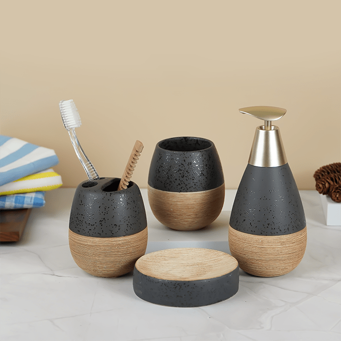 Matte Black and Wood Textured Bathroom Accessory Set - The Golden Theory Main image