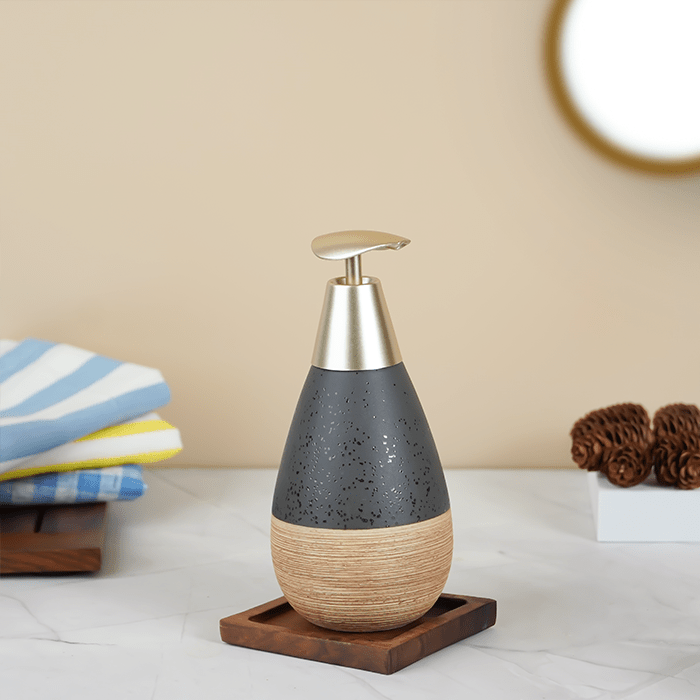 Matte Black and Wood Textured Bathroom Accessory Set - The Golden Theory