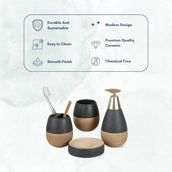 Matte Black and Wood Textured Bathroom Accessory Set - The Golden Theory
