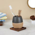 Matte Black and Wood Textured Bathroom Accessory Set - The Golden Theory
