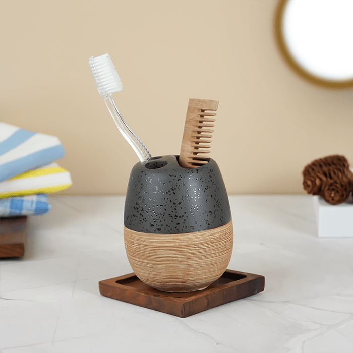 Matte Black and Wood Textured Bathroom Accessory Set - The Golden Theory