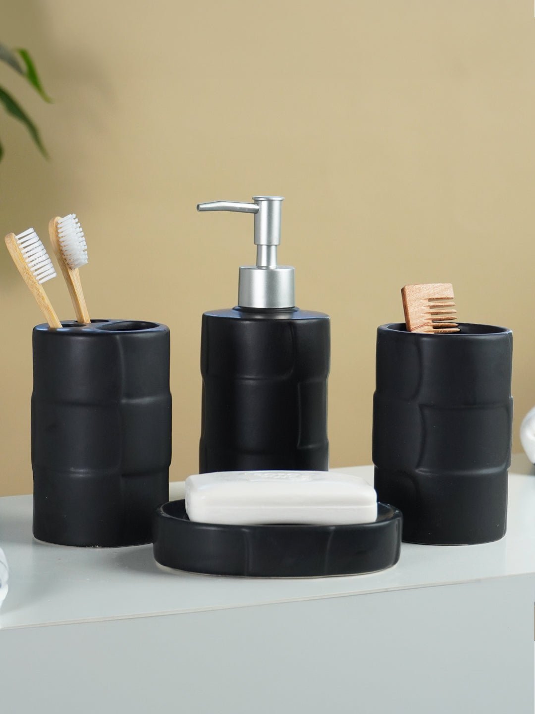 Matte Black Textured Ceramic Bathroom Set of 4 - The Golden Theory Main image