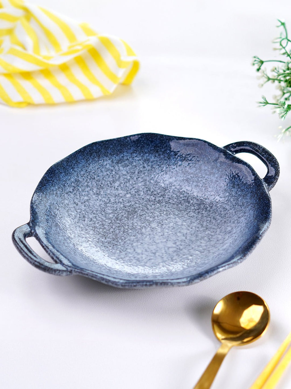 Matte Blue Ceramic Bowl with Unique Dual-Handle Design - The Golden Theory