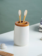Matte White Ceramic with Bamboo Bathroom Set – 4 - The Golden Theory