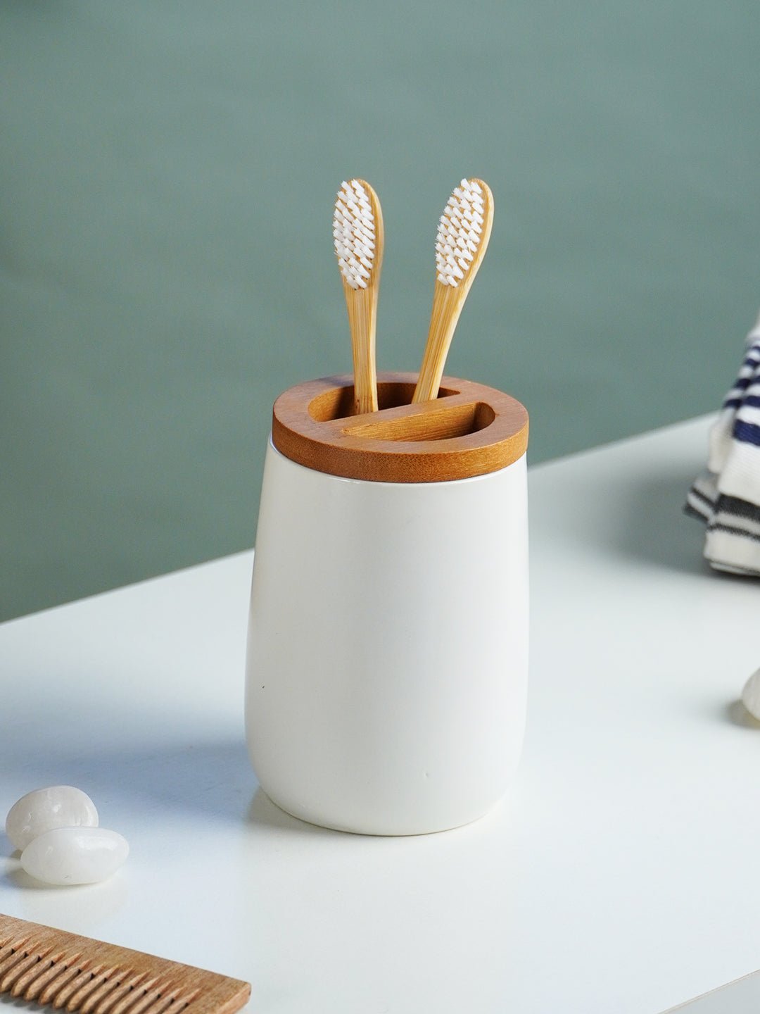 Matte White Ceramic with Bamboo Bathroom Set – 4 - The Golden Theory