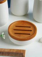 Matte White Ceramic with Bamboo Bathroom Set – 4 - The Golden Theory