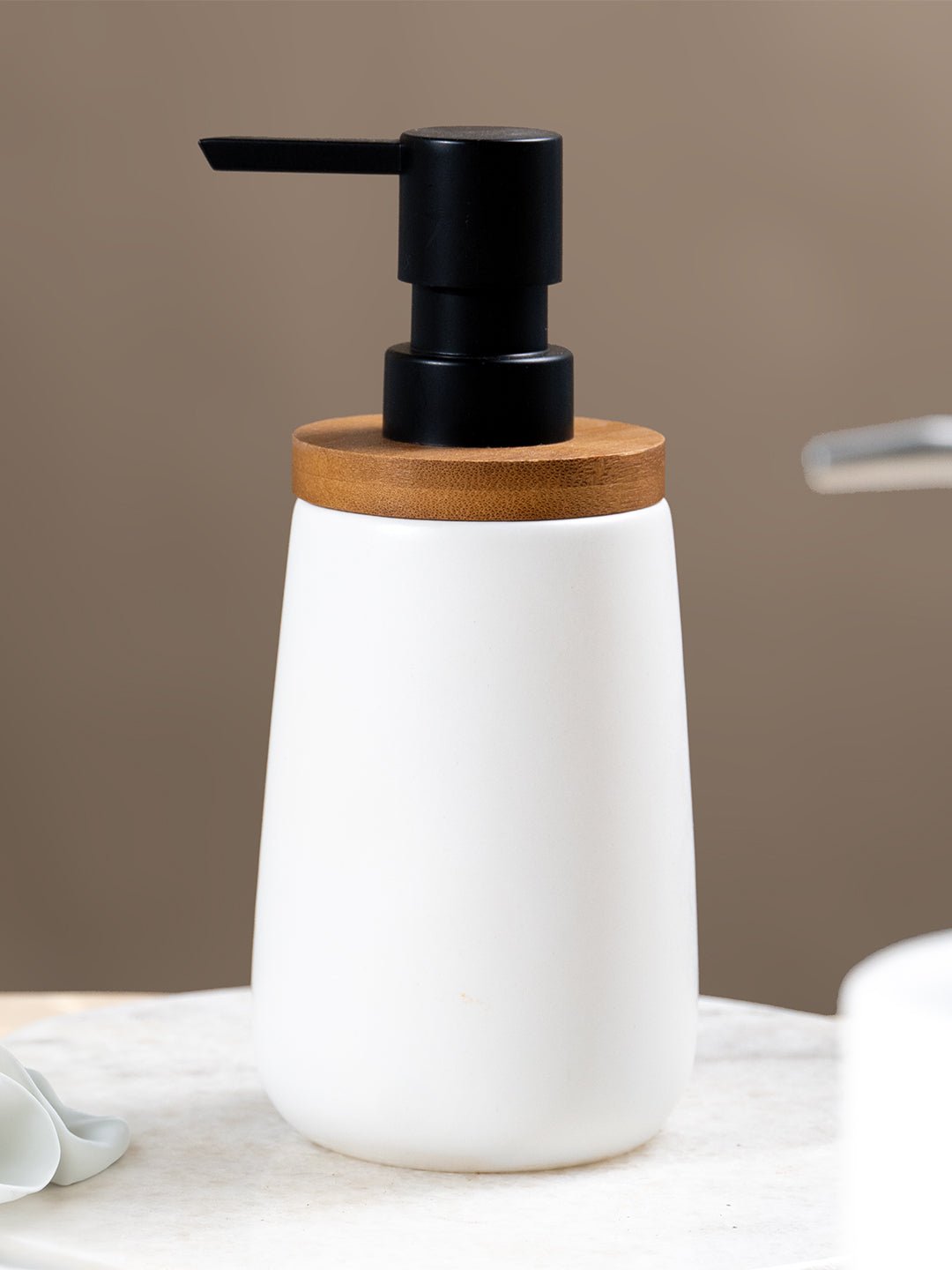 Matte White Ceramic with Bamboo Soap Dispenser - The Golden Theory