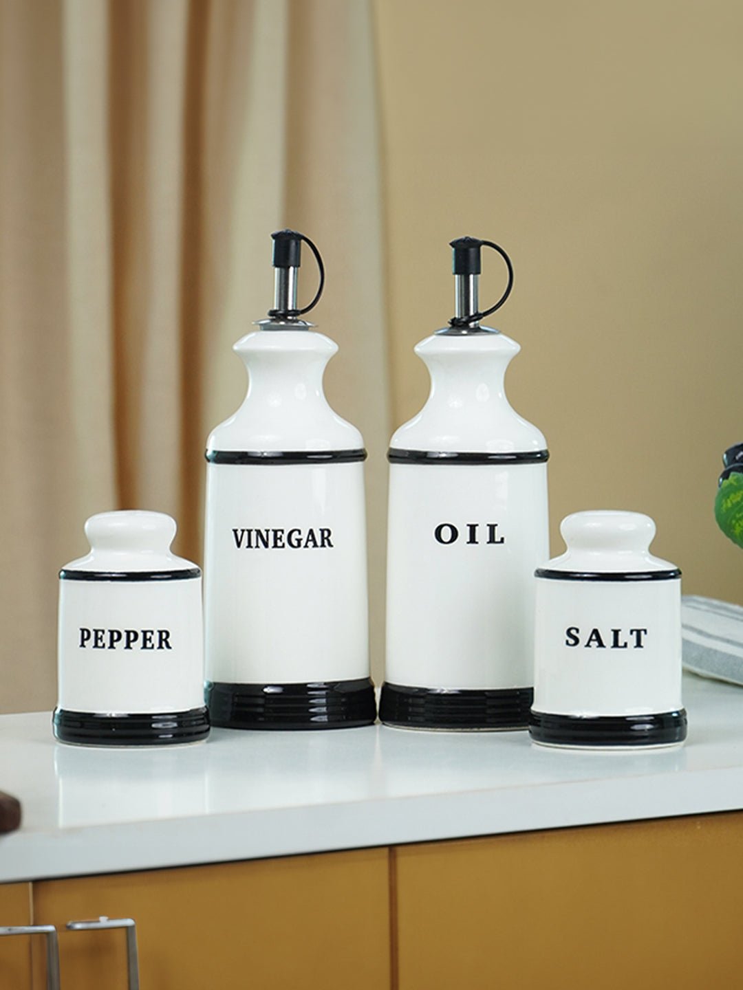 Minimalist White Cruet Set – 4-Piece Oil, Vinegar, Salt & Pepper - The Golden Theory Main image
