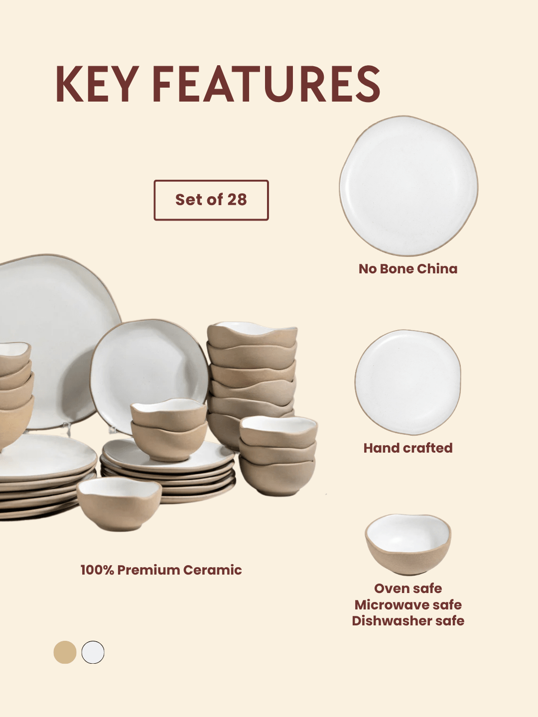 Modern Beige & White Rustic Ceramic Dinner Set of 28 - The Golden Theory