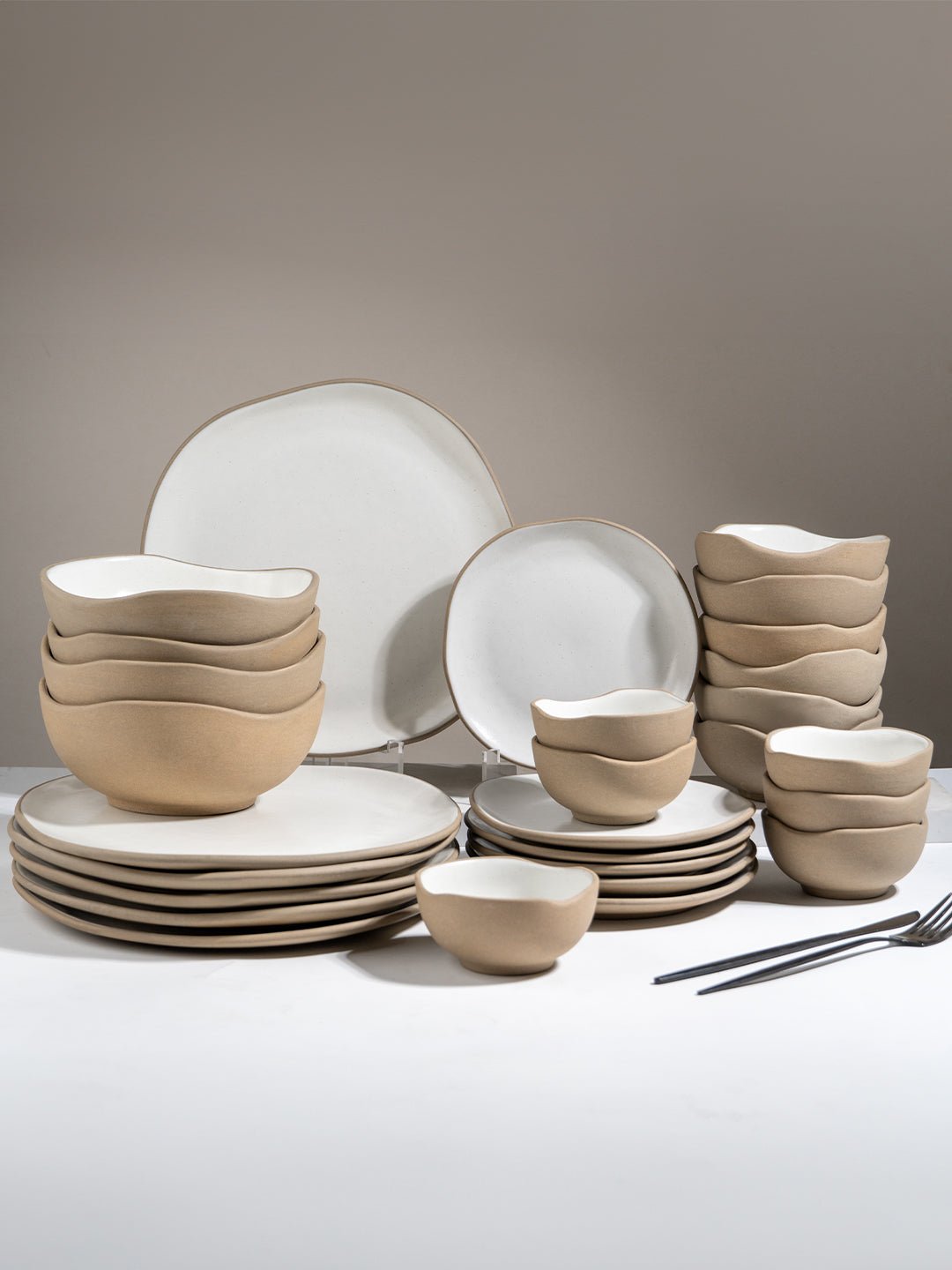 Modern Beige & White Rustic Ceramic Dinner Set of 28 - The Golden Theory Main image