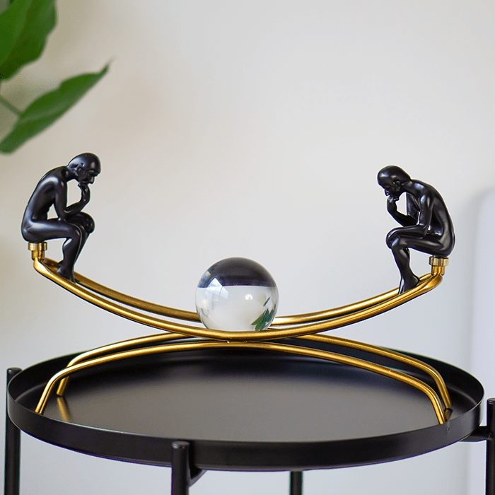 Modern Black Thinker Sculptures on Gold Arch with Crystal Sphere - The Golden Theory Main image