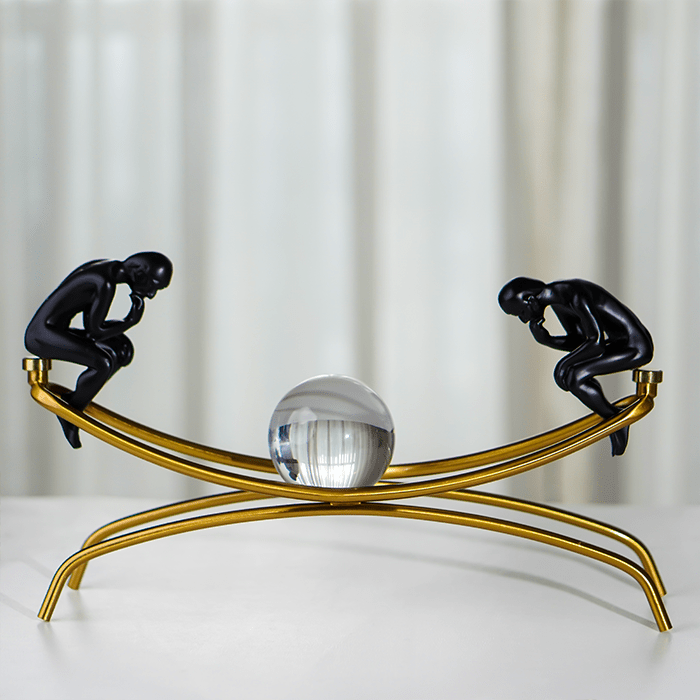 Modern Black Thinker Sculptures on Gold Arch with Crystal Sphere - The Golden Theory