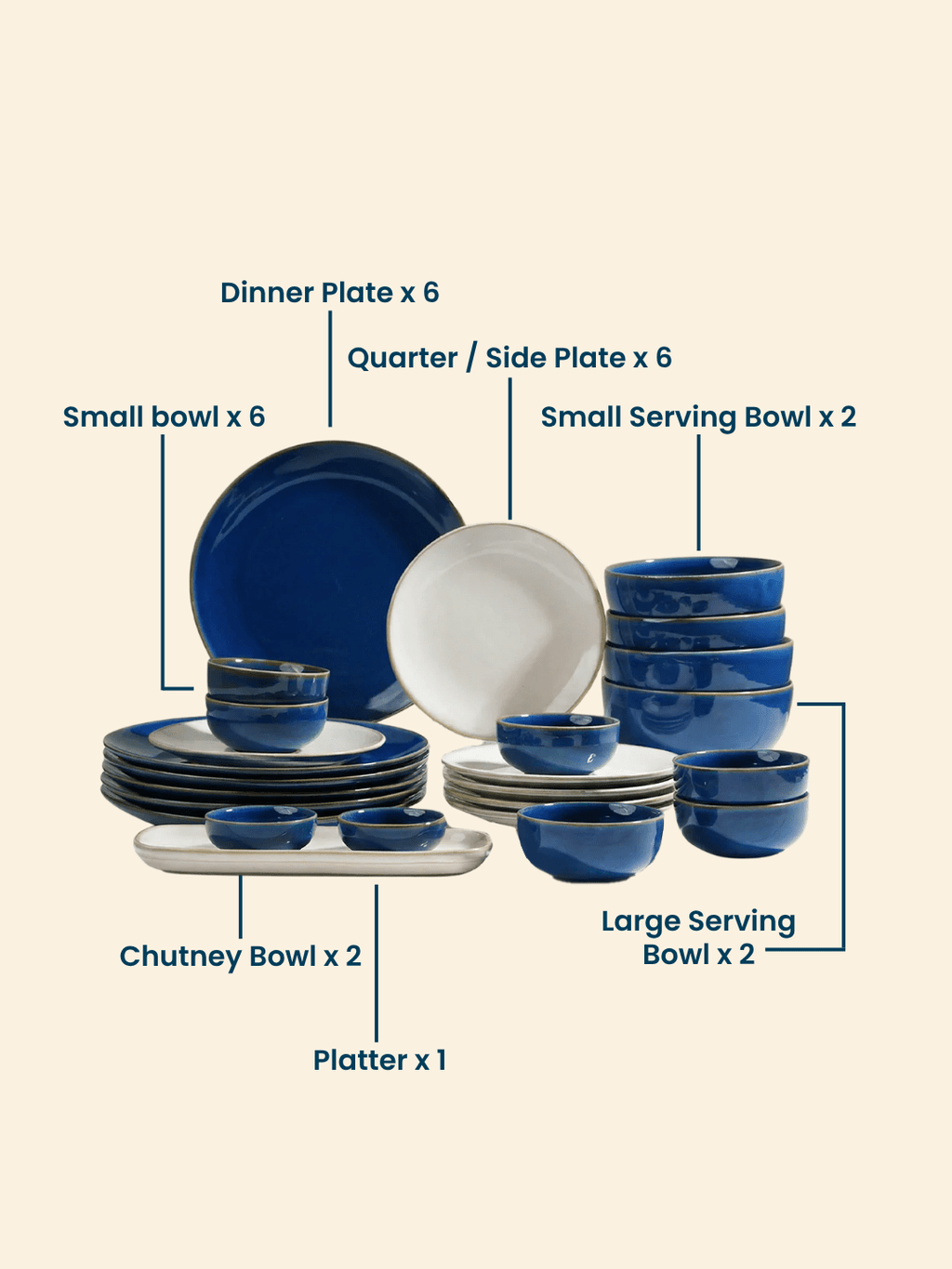 Modern Blue & White Ceramic Dinner Set of 25 - The Golden Theory