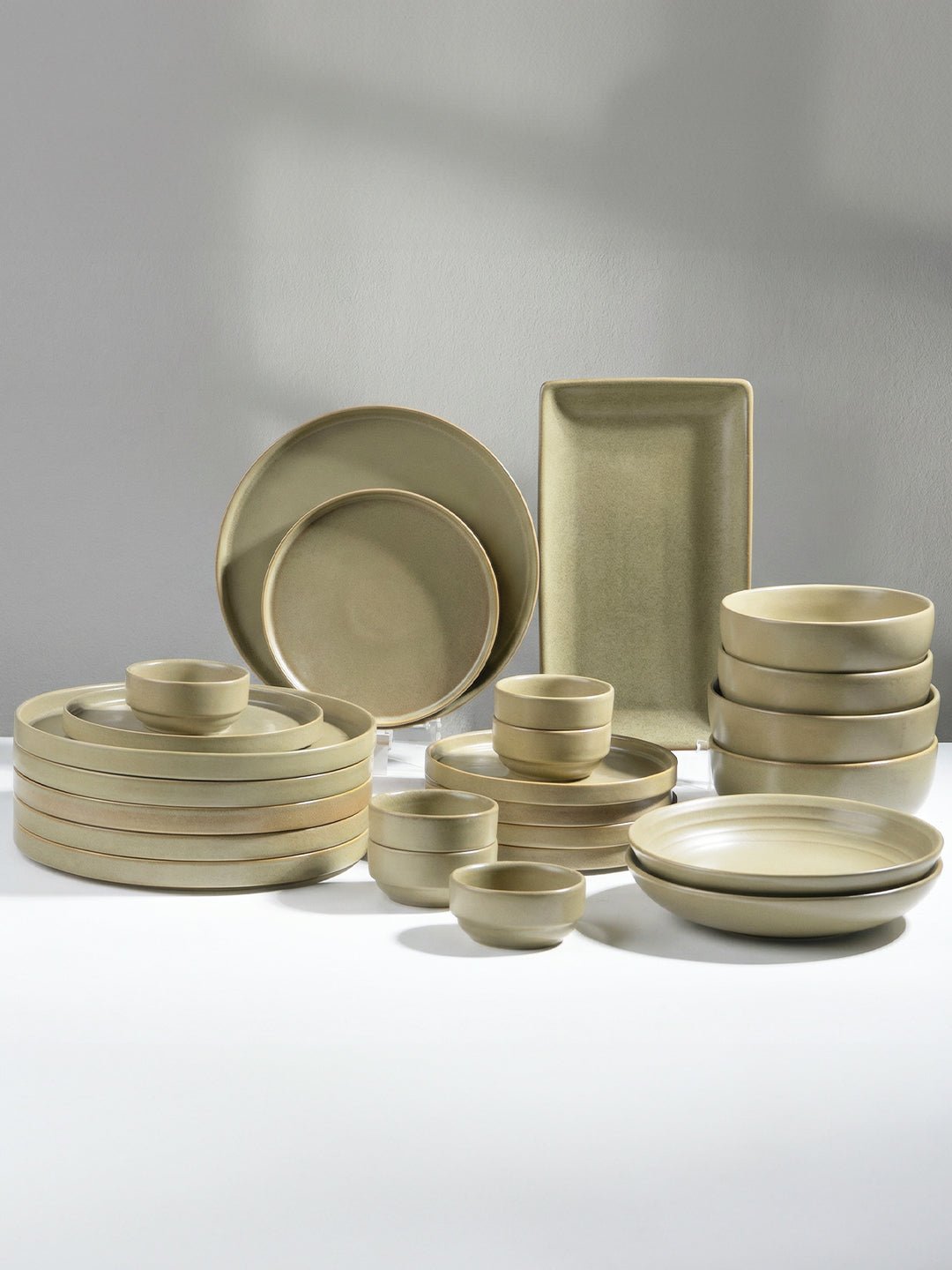 Modern Rustic Olive Green Ceramic Dinner Set of 25 - The Golden Theory Main image