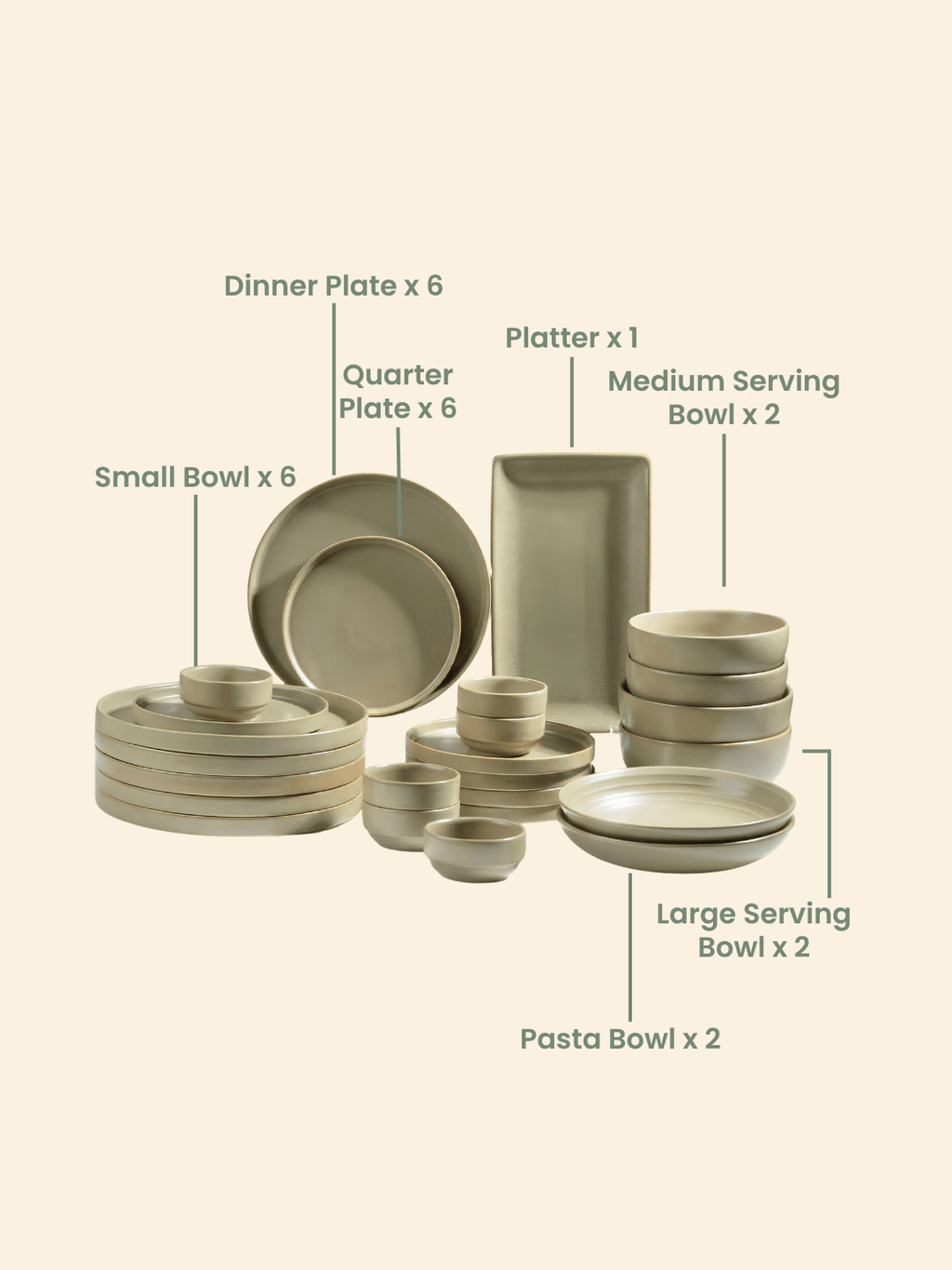 Modern Rustic Olive Green Ceramic Dinner Set of 25 - The Golden Theory