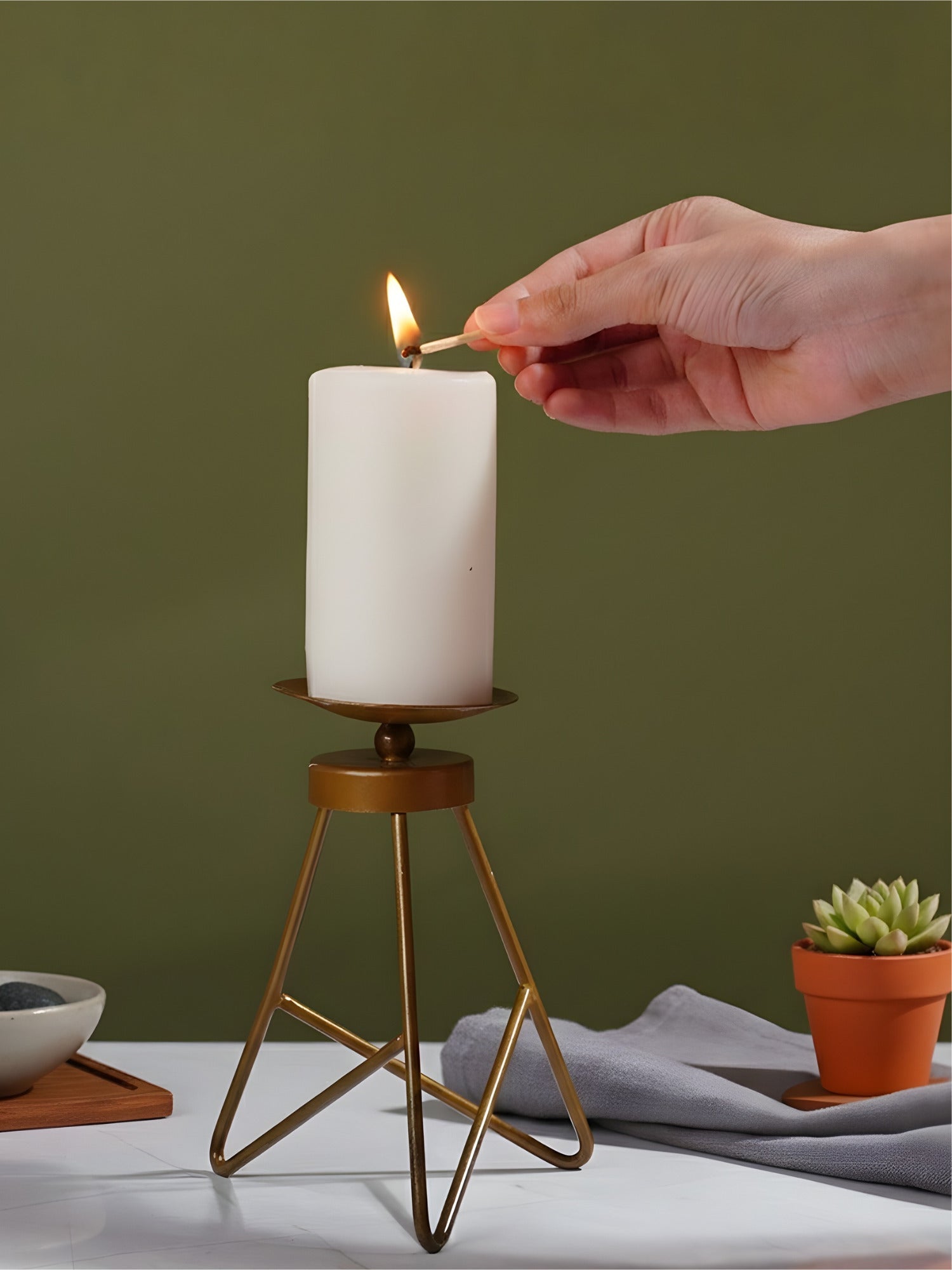 Modern Tripod Brass Candle Holder - The Golden Theory