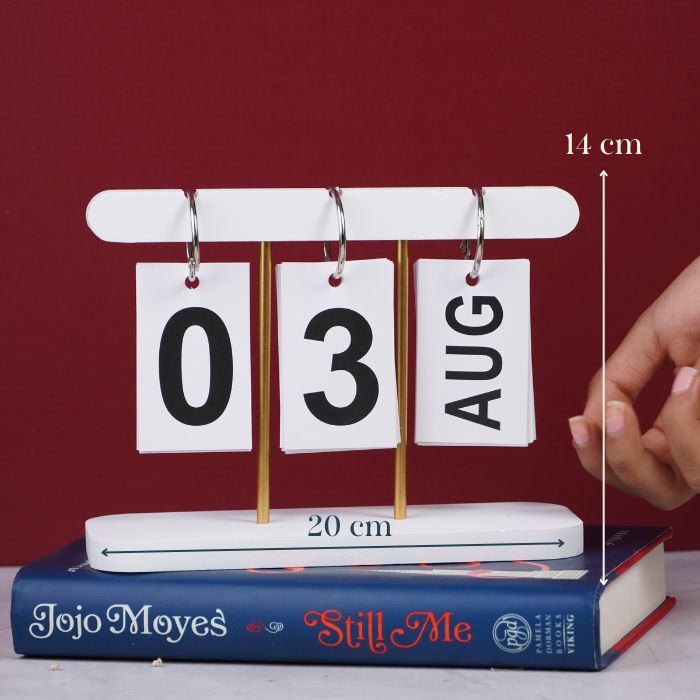 Modern White Perpetual Calendar - Desk Decor with Gold Accent Poles - The Golden Theory