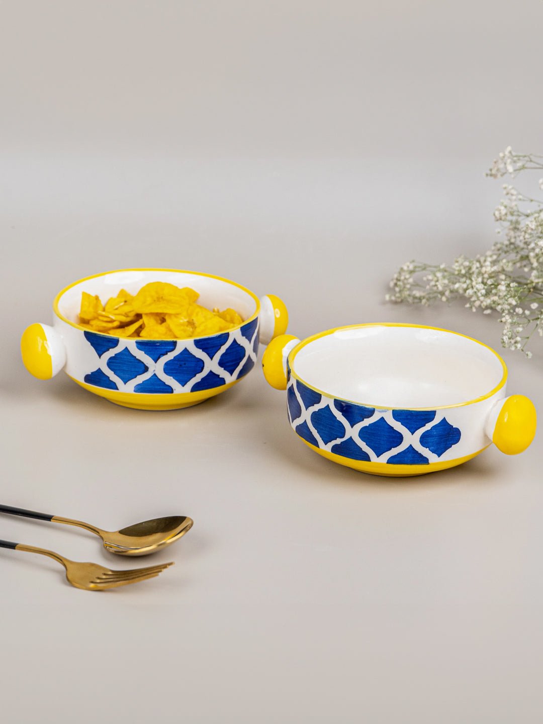 Moroccan Design Ceramic Serving Bowl with Handle | Set of 2 - The Golden Theory Main image