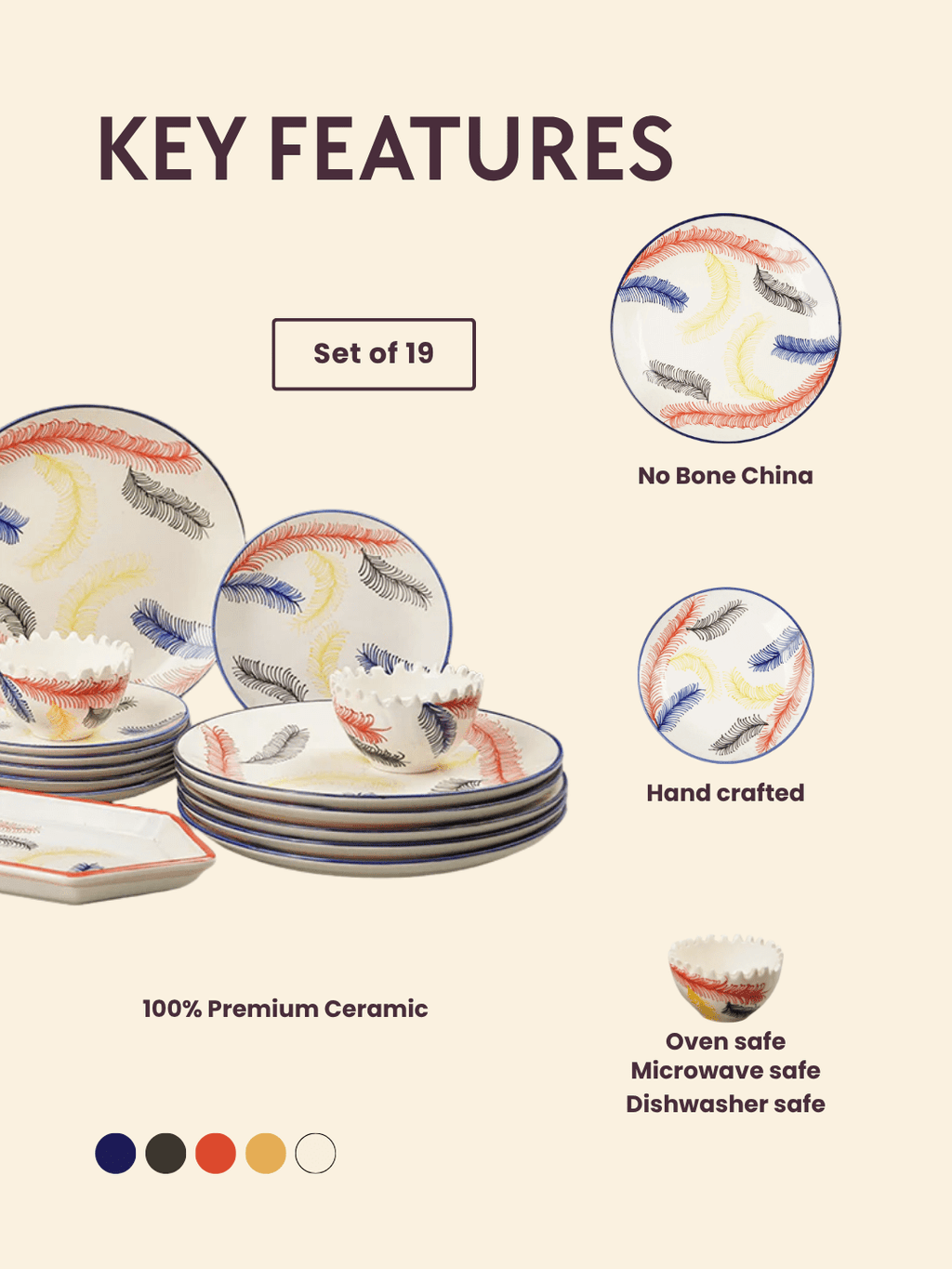 Multicolor Ceramic Dinner Set - Set of 19 - The Golden Theory
