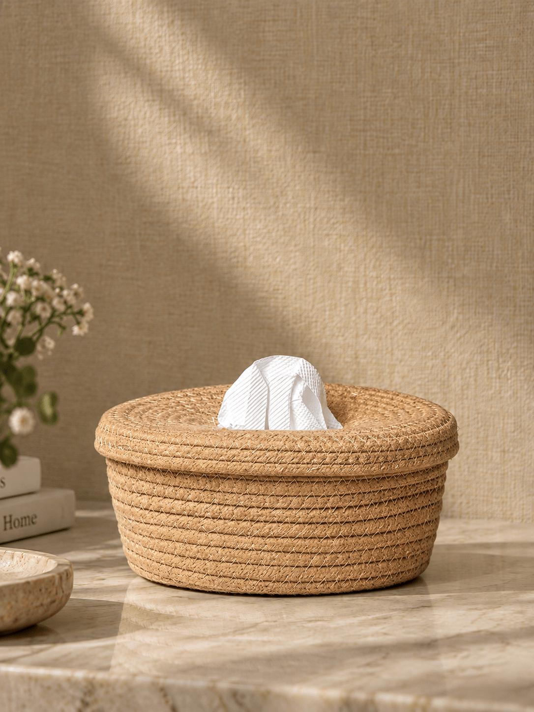 Natural Jute Tissue Box with Soft-Lid Top - The Golden Theory