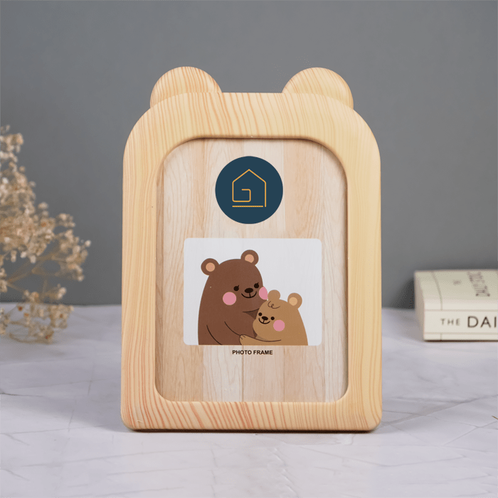 Natural Wood Finish Photo Frame with Bear Ears Design - The Golden Theory