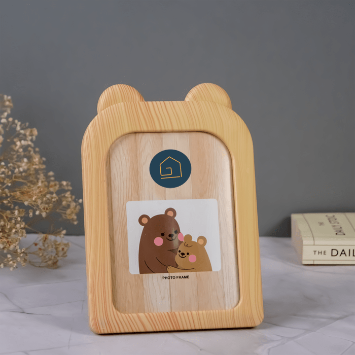 Natural Wood Finish Photo Frame with Bear Ears Design - The Golden Theory