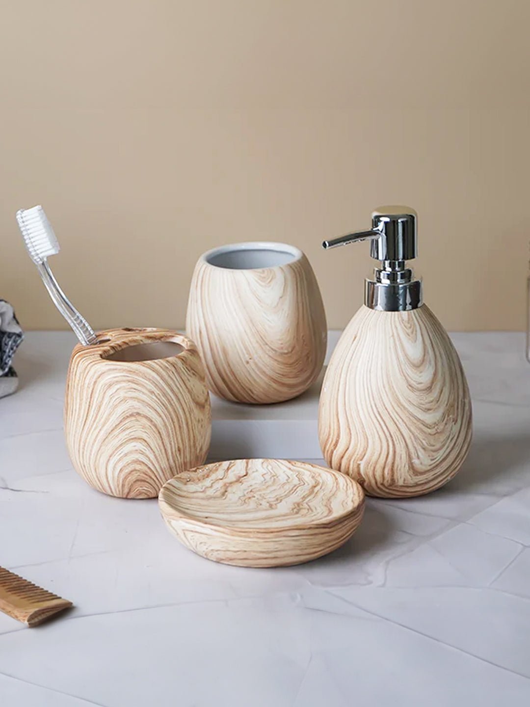 Natural Wood Grain Bathroom Set – Elegant Ceramic Bath Accessories - The Golden Theory Main image