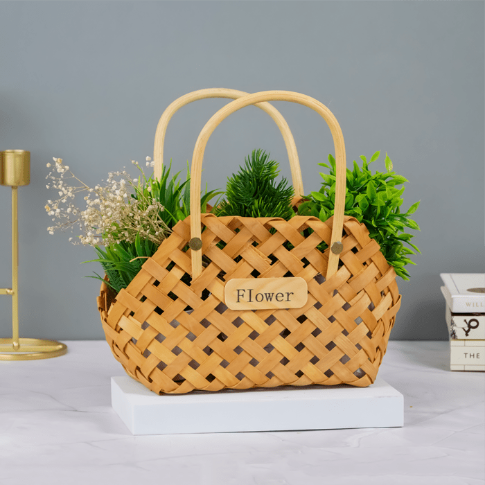 Natural Woven Flower Basket - Unique Double Handle Design - The Golden Theory