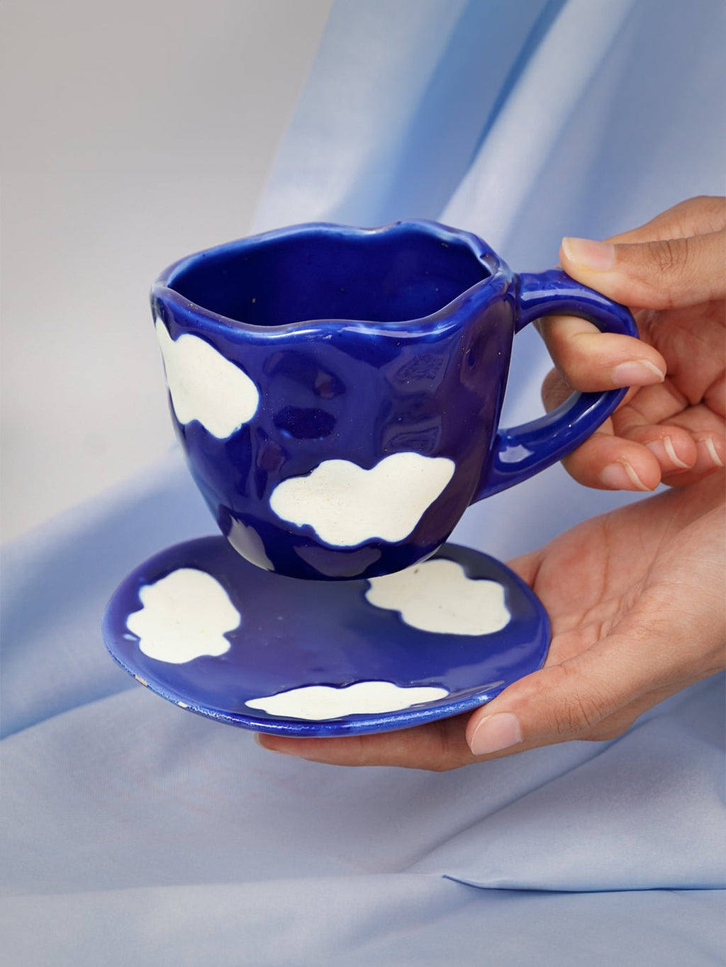 Navy Blue Cloud-Patterned Ceramic Cup and Saucer Set - The Golden Theory