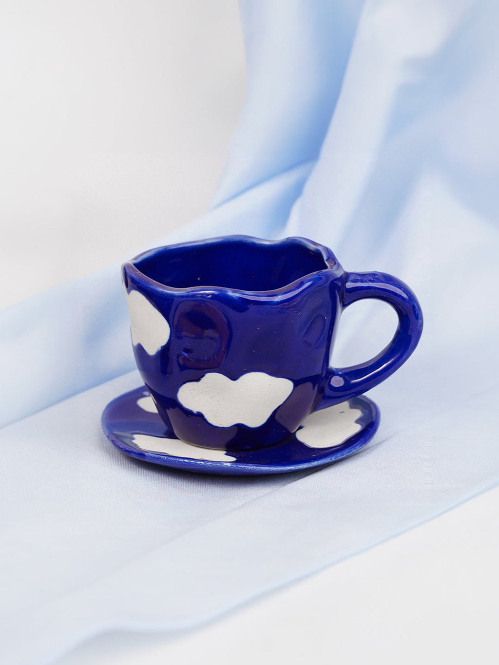 Navy Blue Cloud-Patterned Ceramic Cup and Saucer Set - The Golden Theory