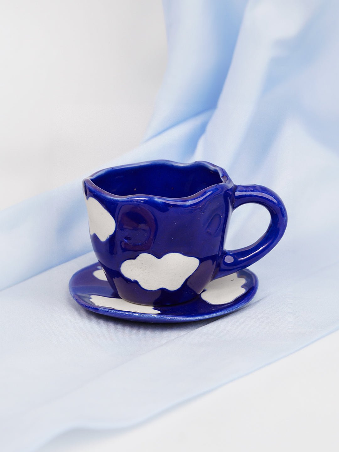 Navy Blue Cloud-Patterned Ceramic Cup and Saucer Set - The Golden Theory