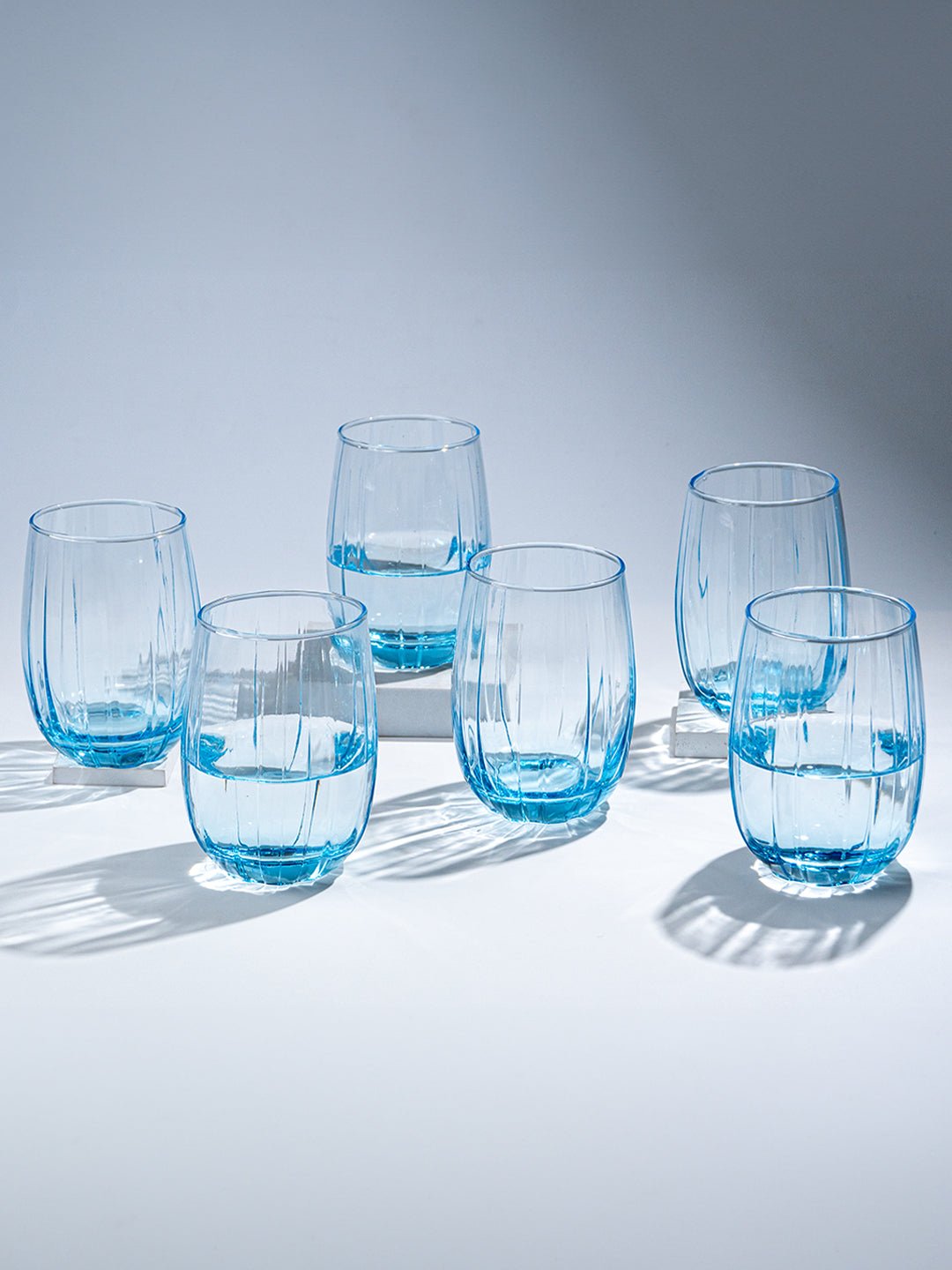 Ocean Blue Curved Ribbed Drinking Glass - Set of 6 - The Golden Theory
