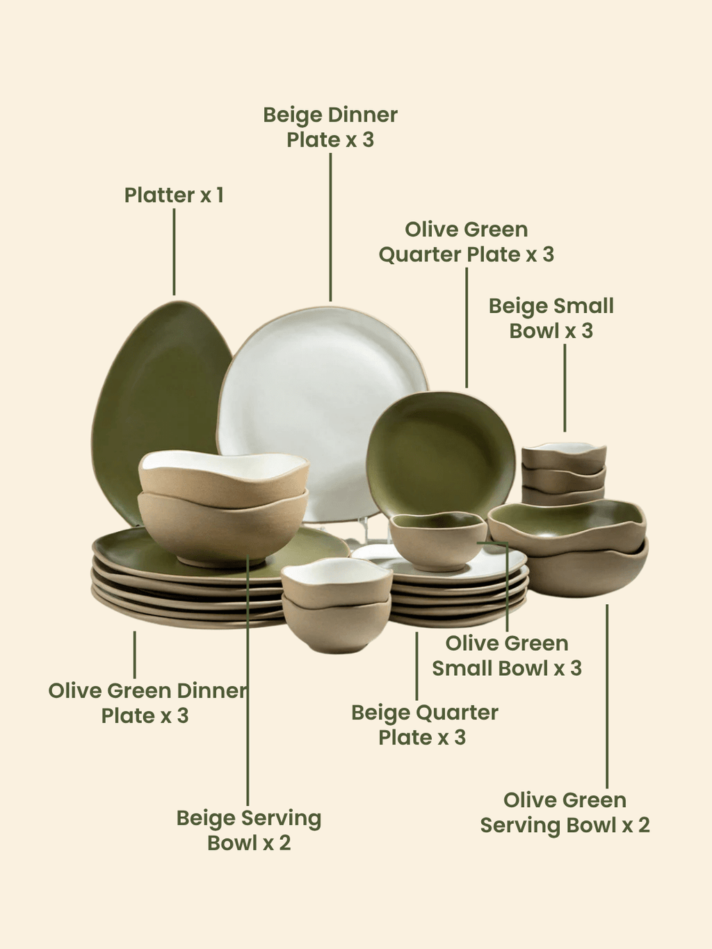 Olive Green & Beige Mix Ceramic Dinner Set of 23 - The Golden Theory