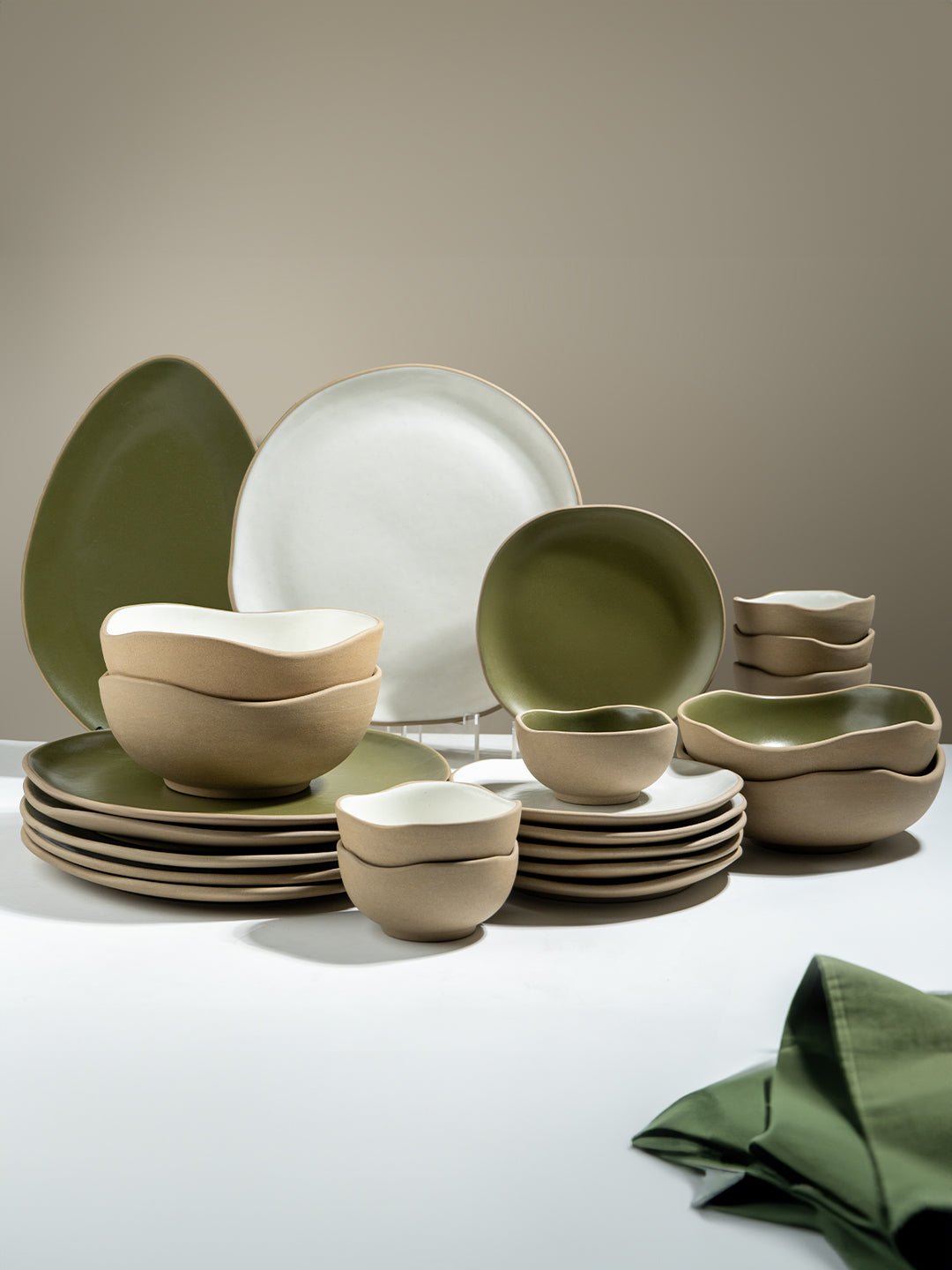 Olive Green & Beige Mix Ceramic Dinner Set of 23 - The Golden Theory