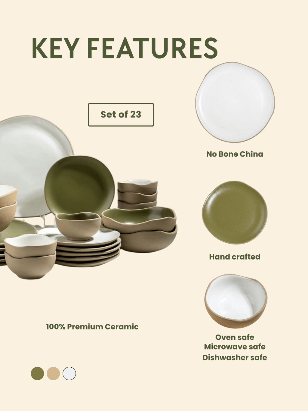 Olive Green & Beige Mix Ceramic Dinner Set of 23 - The Golden Theory