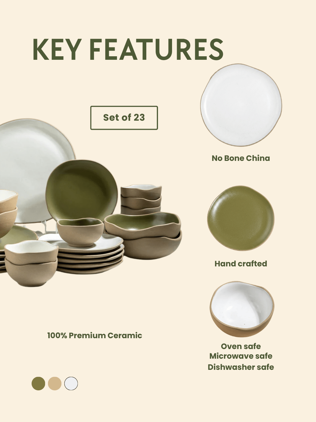 Olive Green & Beige Mix Ceramic Dinner Set of 23 - The Golden Theory