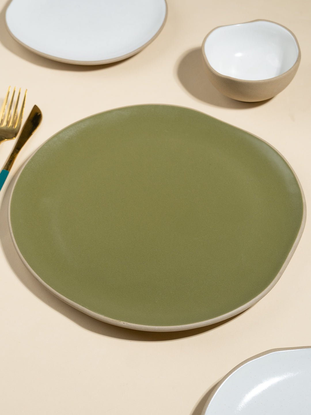 Olive Green & Beige Rustic Ceramic Dinner Plate - The Golden Theory