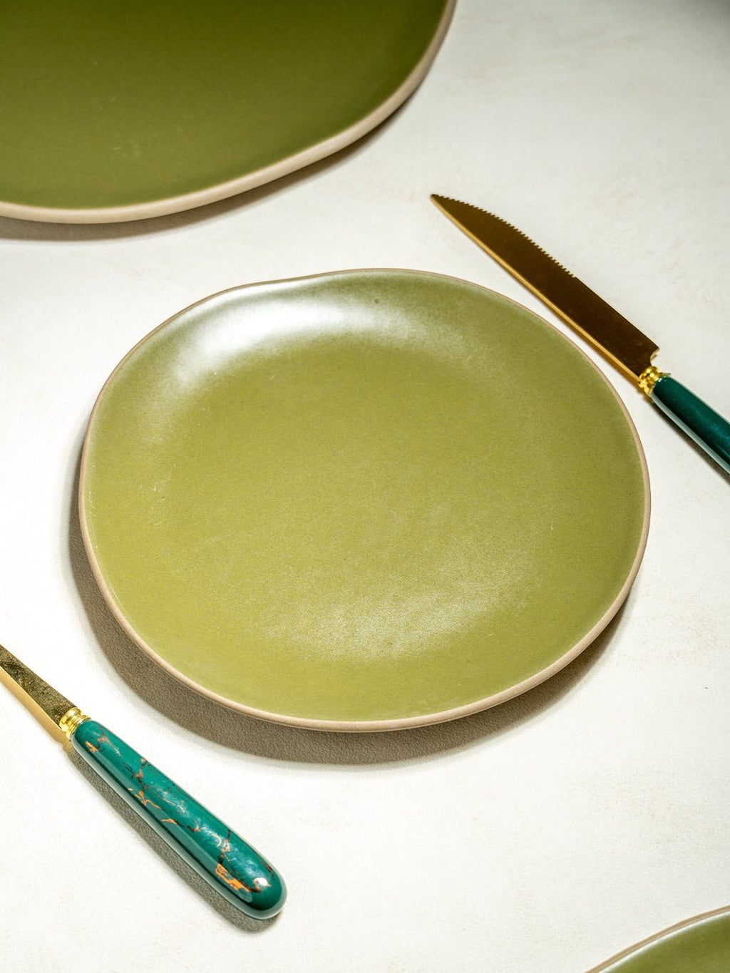 Olive Green & Beige Rustic Ceramic Dinner Set of 22 - The Golden Theory