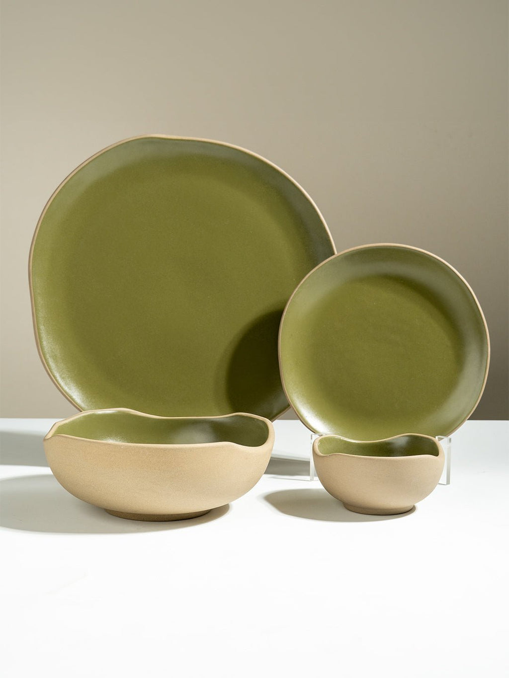 Olive Green & Beige Rustic Ceramic Dinner Set of 22 - The Golden Theory
