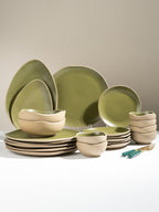 Olive Green & Beige Rustic Ceramic Dinner Set of 22 - The Golden Theory